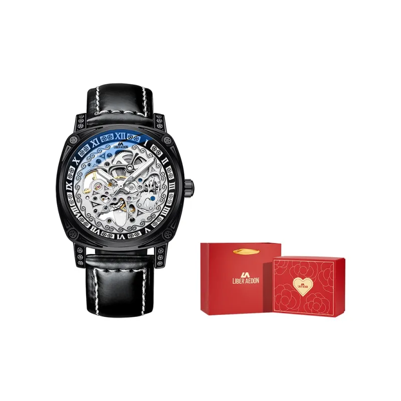 LIBER AEDON Automatic Mechanical Movement Genuine Leather Strap Black Dial Men's Watches-35