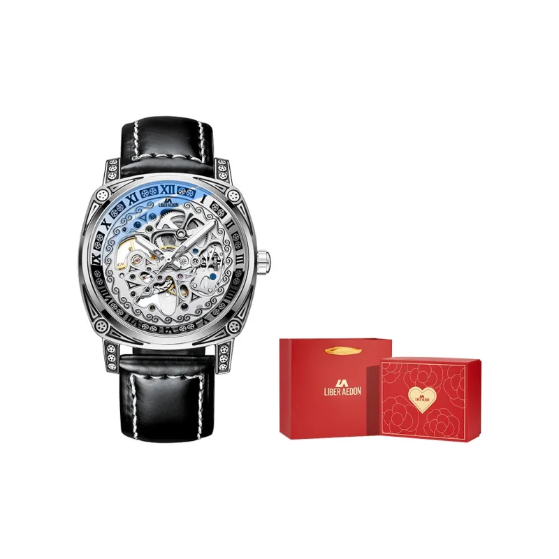 LIBER AEDON Automatic Mechanical Movement Genuine Leather Strap Black Dial Men's Watches-23