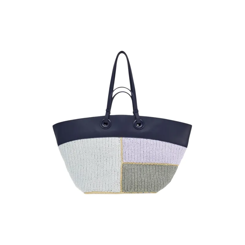 FERRAGAMO Raffia With Calfskin Tote Bag, Shopping Bag, Handbag Large Size Women's Midnight Blue & Lavender & Straw-1