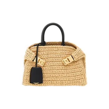 FERRAGAMO Raffia With Calfskin Handbag Mini Women's Natural & Black