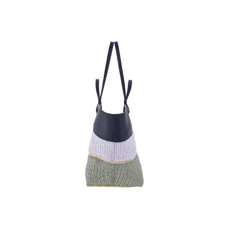 FERRAGAMO Raffia With Calfskin Tote Bag, Shopping Bag, Handbag Large Size Women's Midnight Blue & Lavender & Straw-2