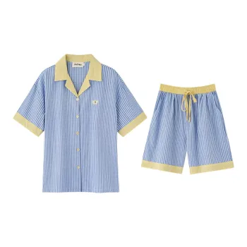 Wabi Town 100% Cotton Short-Sleeved Stripes Casual Loungewear & Sleepwear Set For Spring And Summer Women's Blue