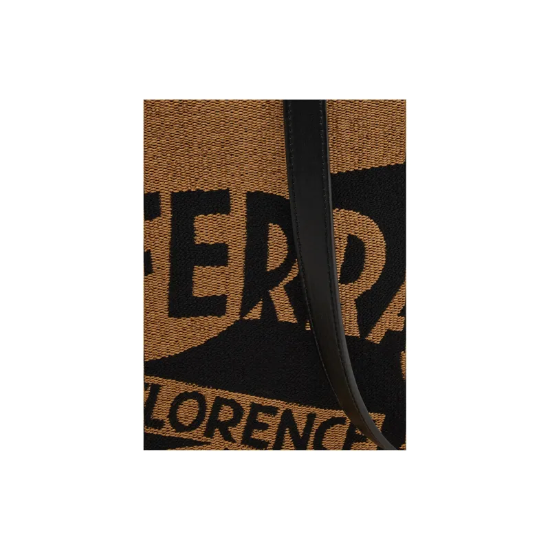 FERRAGAMO Raffia And Cotton Tote Bag Shopping Bag Handbag Medium Size Women's Honey & Black-4