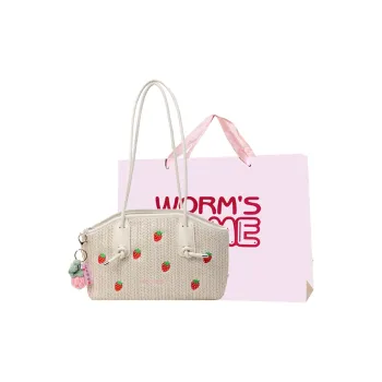Worm's Home Straw Woven Handbag, Shoulder Bag Women's Ecru/Pink/Green