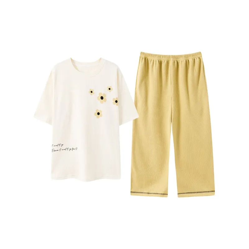 Close fitting Areas Pajama Set Women's Beige Yellow-0