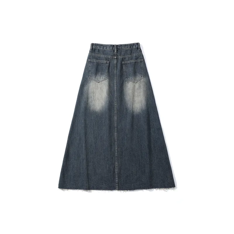 Rose Denim Long Skirts Women's Vintage Blue-1
