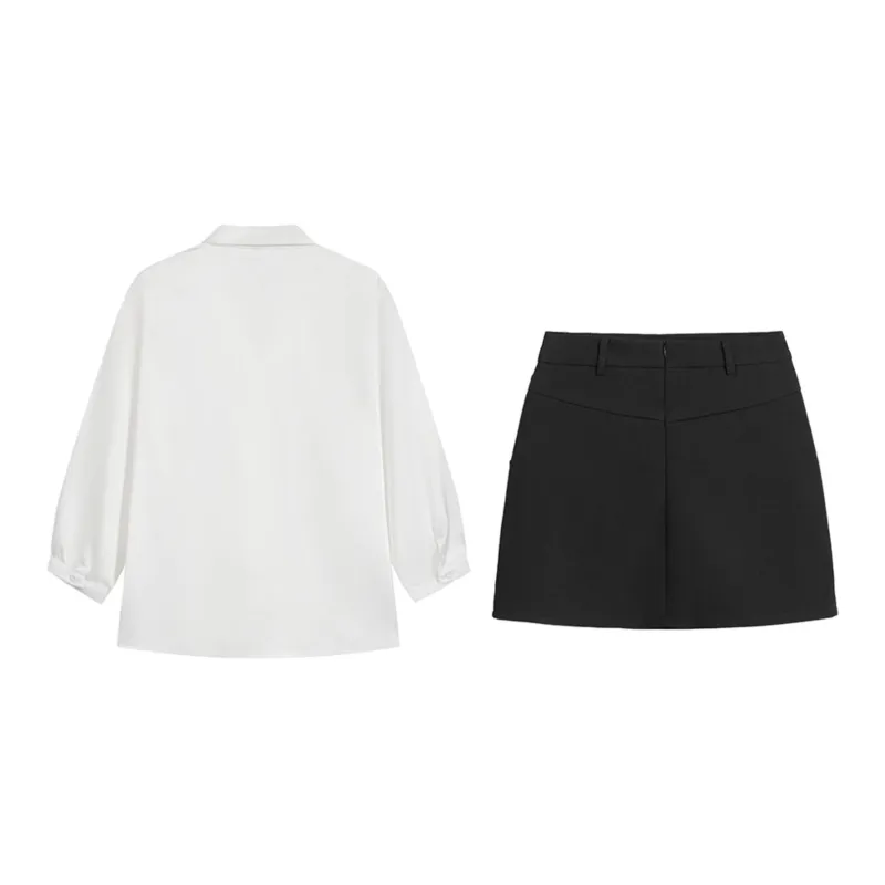 Aghr Two Piece Skirt Sets Women's White Shirt+Black Short Skirt-1