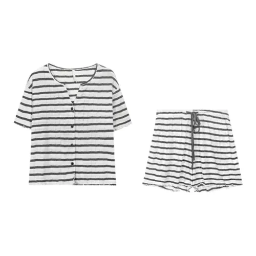 MADALLO Summer Pajama Set Women's Black White Stripes