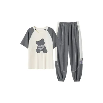 Close-fitting Areas Pajama Set Women's Light Gray