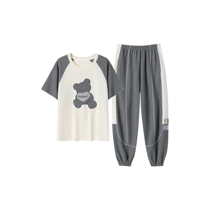 Close fitting Areas Pajama Set Women's Light Gray-0