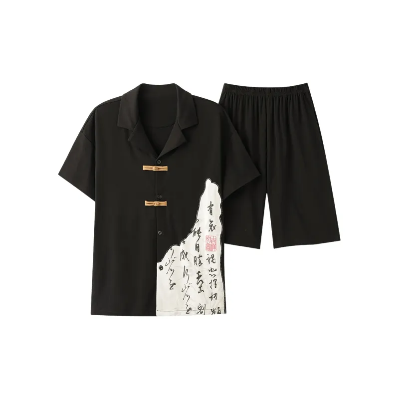 Qiao Ni Tong Pajama Set Men's Chinese Style Black-0