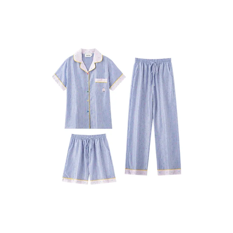 Wabi Town Pajama Set Women's Blue Pink Stripes-0