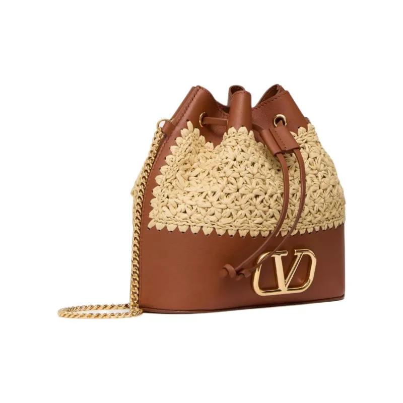 Valentino Raffia With Leather Bucket Bags Shoulder Bag Crossbody Bag Mini Women's Natural & Brown-1