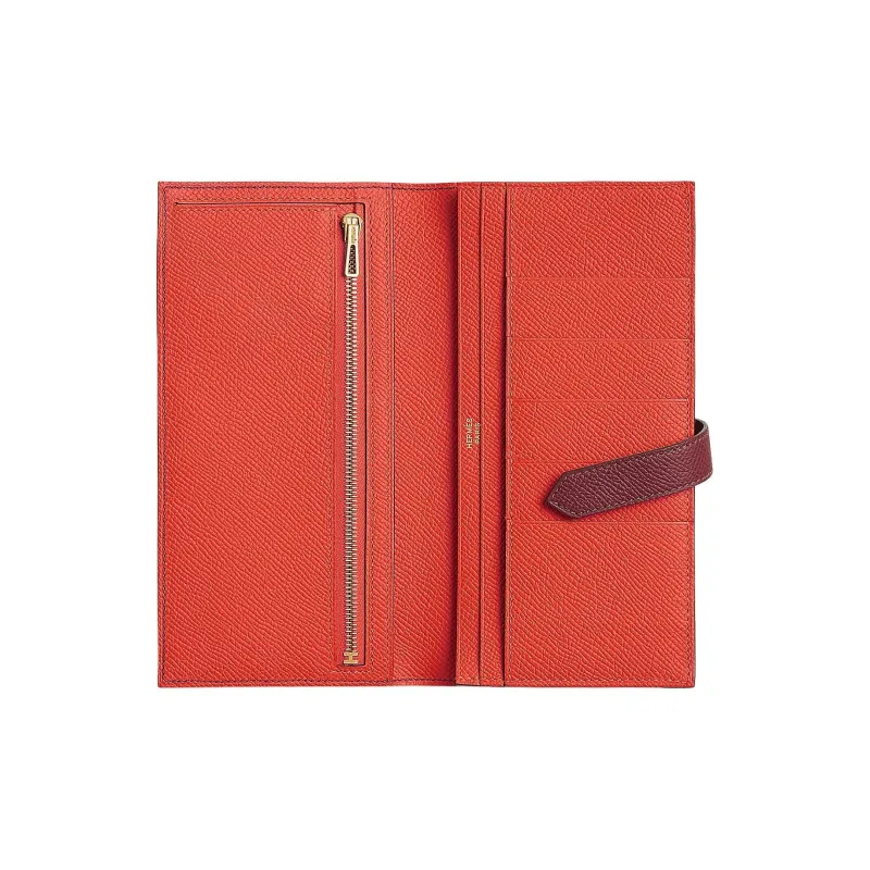 HERMES Bearn Epsom Calfskin Wallet Women's Red & Orange-1