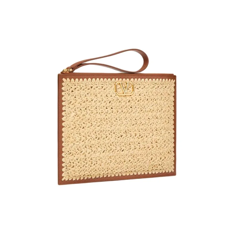 Valentino Woven Leather Clutch Women's Natural & Saddles Brown-1