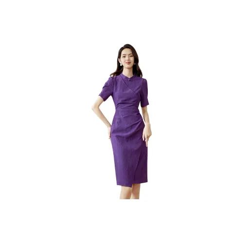 Late White Short-Sleeved Dresses Women's Purple