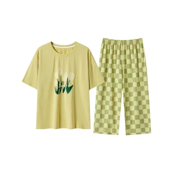 Close-fitting Areas Pajama Set Women's Mustard Green