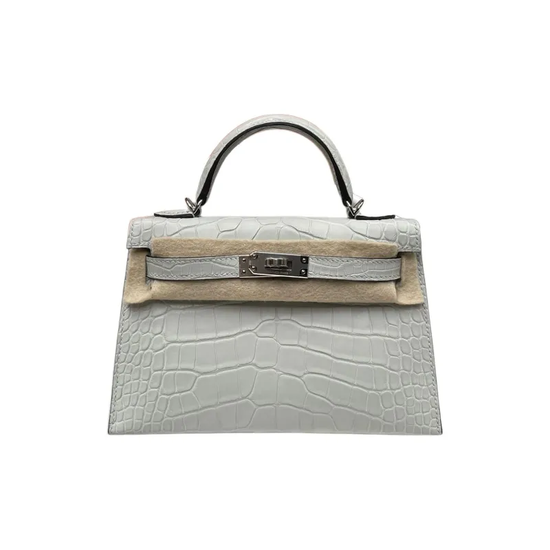 HERMES Matte Finish Alligator Leather Kelly Bag Handbags Mini Women's Ice Crystal Gray-0