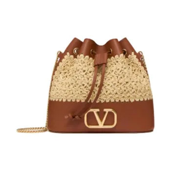 Valentino Raffia With Leather Bucket Bags Shoulder Bag Crossbody Bag Mini Women's Natural & Brown