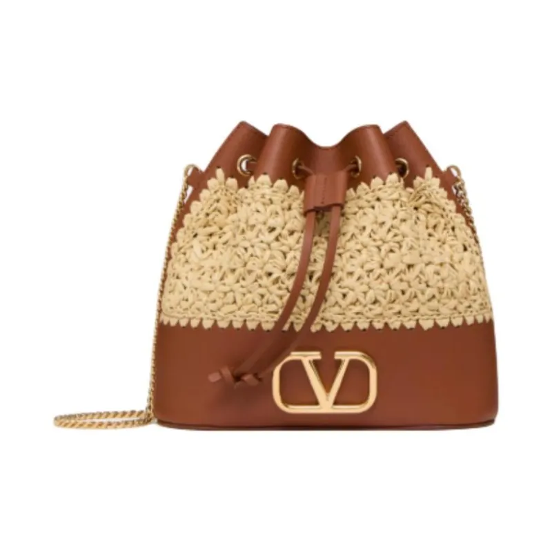 Valentino Raffia With Leather Bucket Bags Shoulder Bag Crossbody Bag Mini Women's Natural & Brown-0