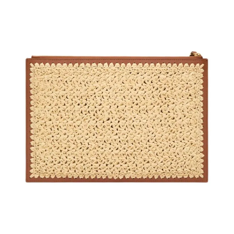 Valentino Woven Leather Clutch Women's Natural & Saddles Brown-4