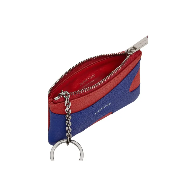 FERRAGAMO Calfskin Coin Purses Card Holders Men's Cyan Gold Stone Color With Flame Red Accents-3