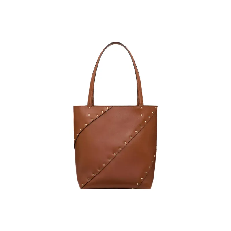 Valentino ROCKSTUD Calfskin Tote Bag Shopping Bag Handbag Small Size Women's Brown-3