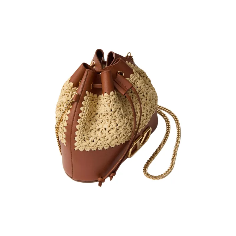 Valentino Raffia With Leather Bucket Bags Shoulder Bag Crossbody Bag Mini Women's Natural & Brown-4
