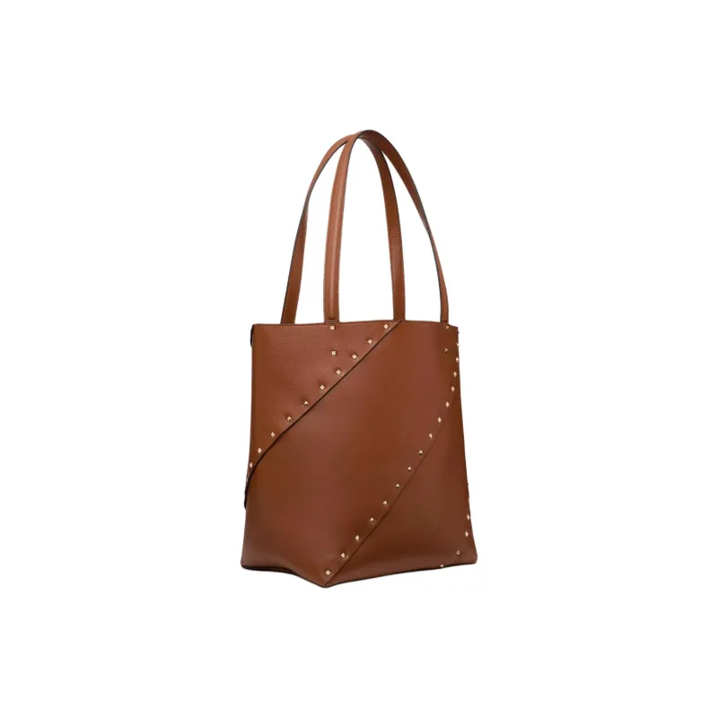 Valentino ROCKSTUD Calfskin Tote Bag Shopping Bag Handbag Small Size Women's Brown-2