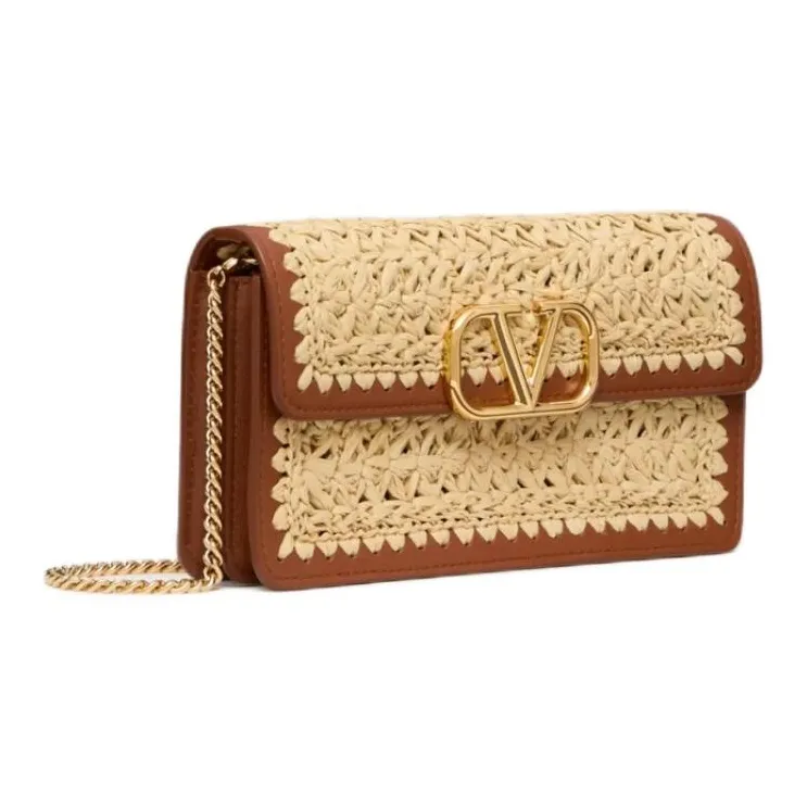 Valentino Raffia With Leather Wallet, Shoulder Bag, Crossbody Bag Women's Natural & Brown-1