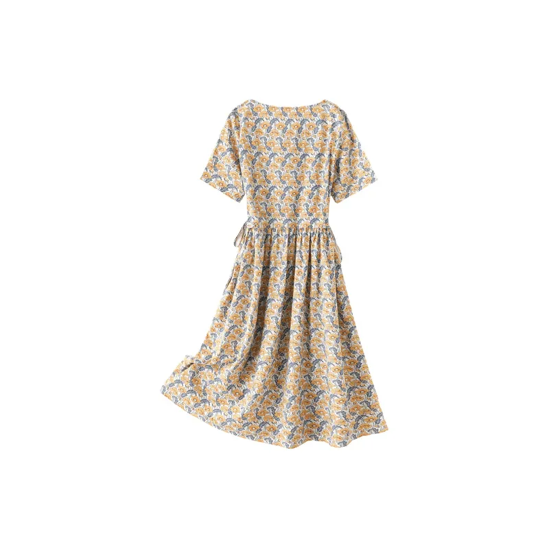 H YXIANG Short Sleeved Dress Women's Yellow Floral-1