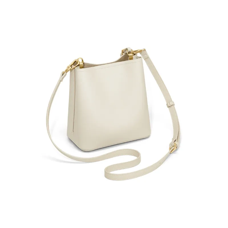 Simvay Clos Cow Leather With Synthetic Leather Shoulder Bag Bucket Bag Small Size Women's Ecru-2