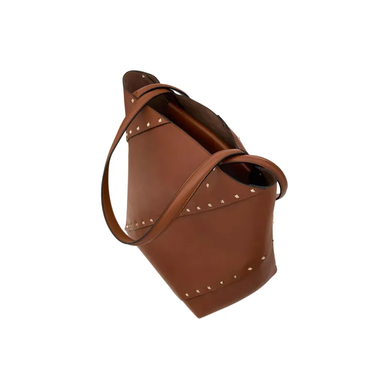 Valentino ROCKSTUD Calfskin Tote Bag Shopping Bag Handbag Small Size Women's Brown-4