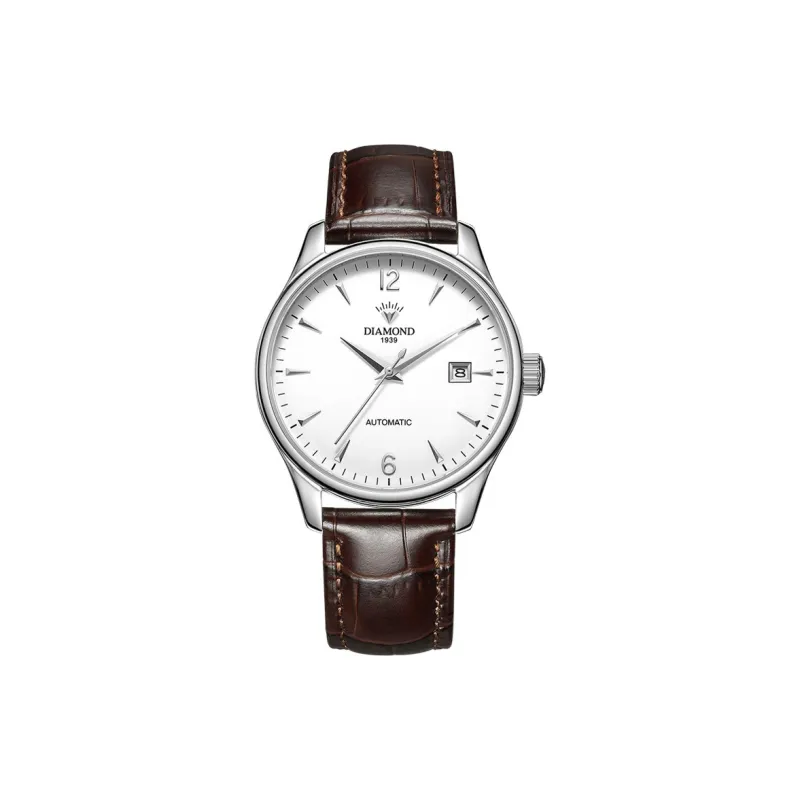Diamond Automatic/Manual Mechanical Movement Cowhide Strap Men's Watches White Dial-5