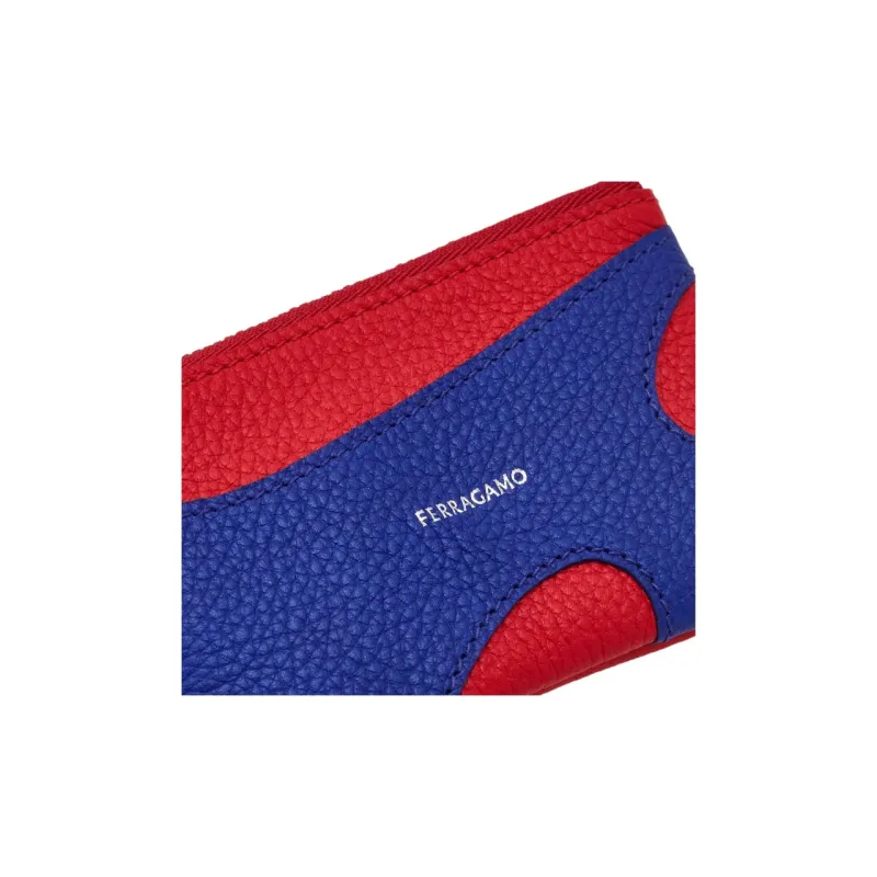 FERRAGAMO Calfskin Coin Purses Card Holders Men's Cyan Gold Stone Color With Flame Red Accents-4