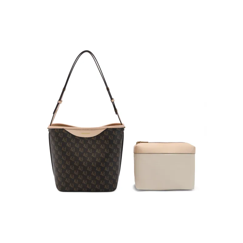 BELLE Premium Texture Shoulder Bag Medium Size Women's Coffee, Beige-4