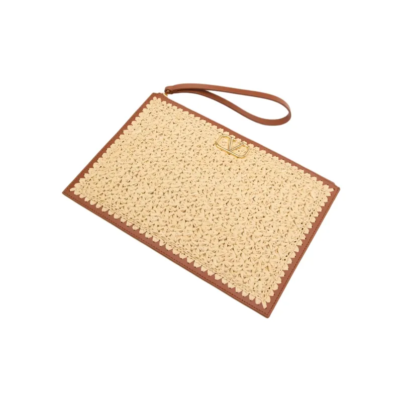 Valentino Woven Leather Clutch Women's Natural & Saddles Brown-3
