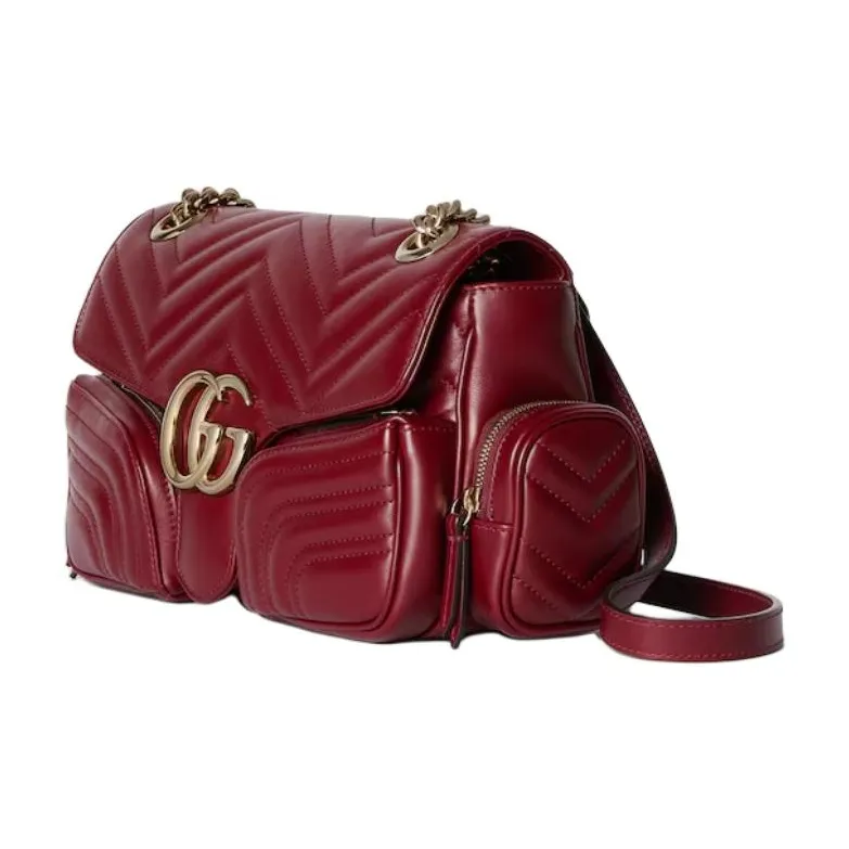 GUCCI GG Marmont Quilted V Shaped Leather Portable Crossbody Bag Shoulder Bag Women's Burgundy-1