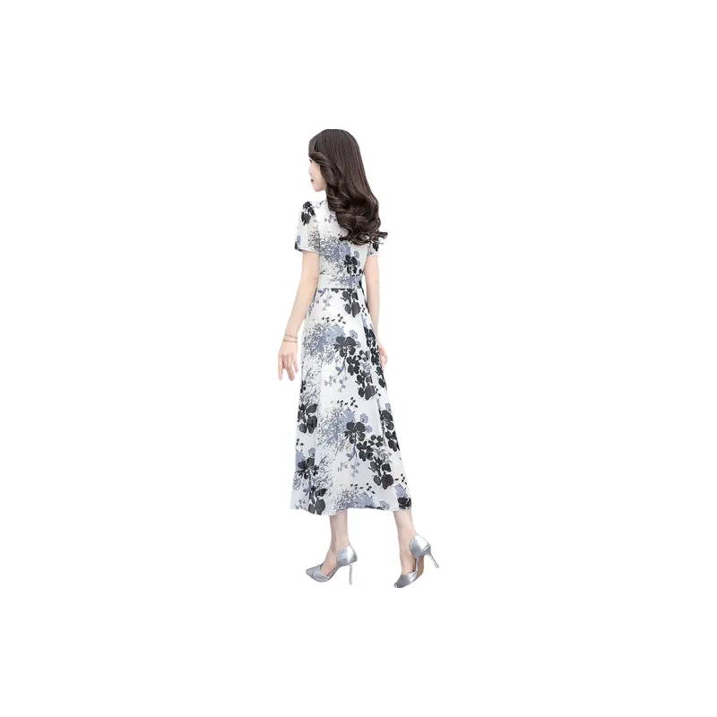 Cypress House Short Sleeved Dress Women's White Base With Black And Gray Floral-1