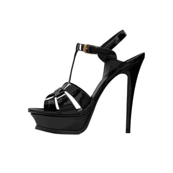 SAINT LAURENT Tribute Platform Sandal Heels Black Patent Leather
