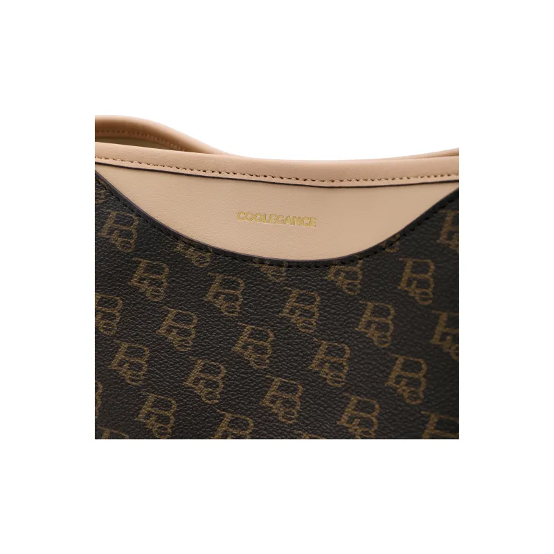BELLE Premium Texture Shoulder Bag Medium Size Women's Coffee, Beige-3