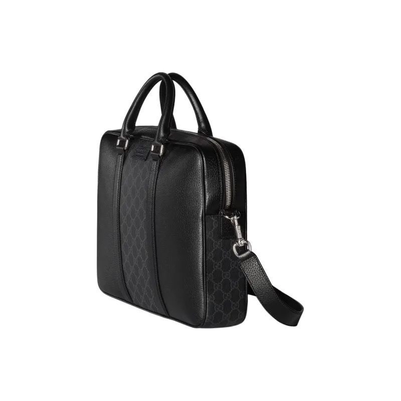 GUCCI Leather With GG Supreme Canvas Briefcases Medium Size Men's Black-1