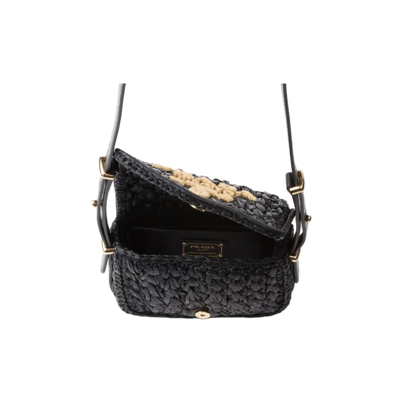 PRADA Raffia With Leather Shoulder Bag, Crossbody Bag Women's Black-3