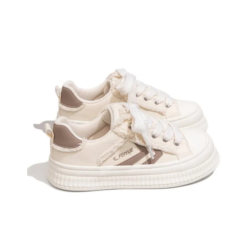 Feiyue Anti Slip Wear Resistant Low Top Platform Canvas Shoes Women's Beige-3