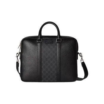 GUCCI Leather With GG Supreme Canvas Briefcases Medium Size Men's Black