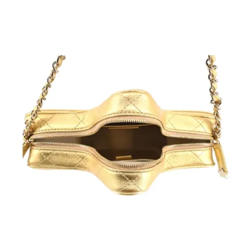 CHANEL Sheepskin One Shoulder Crossbody Clutch Women's Gold-4