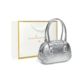 Narandu Cow Leather Bowling Bag Crossbody Bag Handheld Handbag Regular Women's Space Silver/Midnight Black
