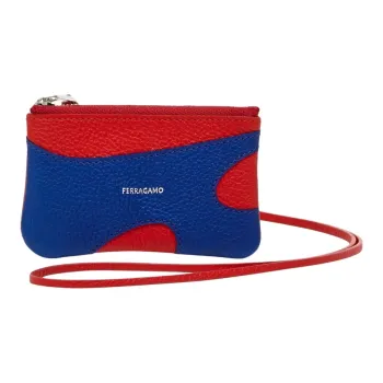 FERRAGAMO Calfskin Coin Purses Card Holders Men's Cyan Gold Stone Color With Flame Red Accents