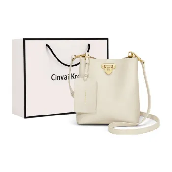 Simvay Clos Cow Leather With Synthetic Leather Shoulder Bag Bucket Bag Small Size Women's Ecru