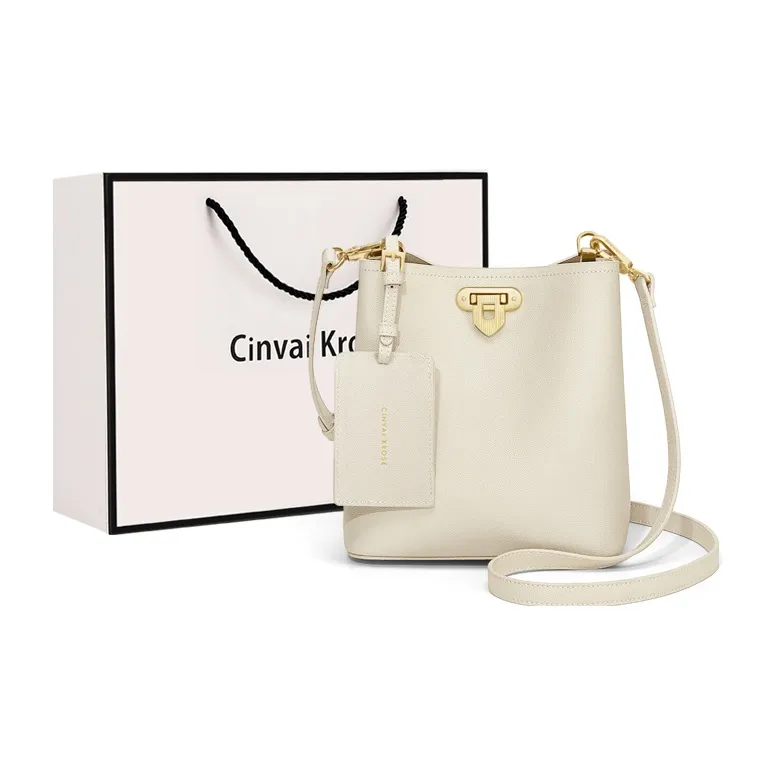 Simvay Clos Cow Leather With Synthetic Leather Shoulder Bag Bucket Bag Small Size Women's Ecru-0